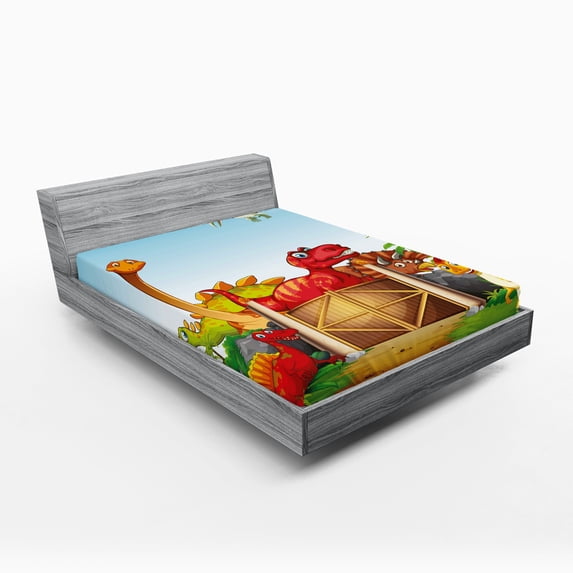 Ambesonne Dino Fitted Sheet, Cartoon Dinosaurs in Park, Queen Size, Multicolor