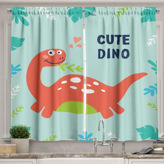 Ambesonne Dino Kitchen Curtains, Funny Dinosaur Eating Leaves, 55"x30", Dark Salmon and Mint Green