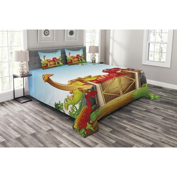 Ambesonne Dino Quilted Bedspread Set 3 Pcs, Cartoon Dinosaurs in Park, Queen Size, Multicolor