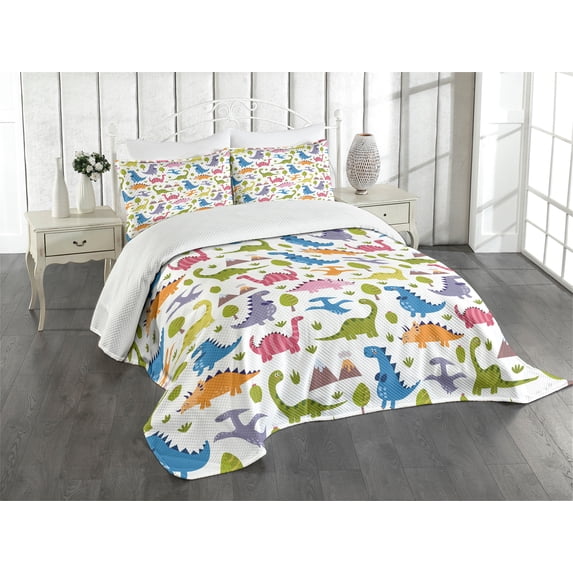 Ambesonne Dino Quilted Bedspread Set 3 Pcs, Dinosaurs Colorful, Queen Size, Multicolor