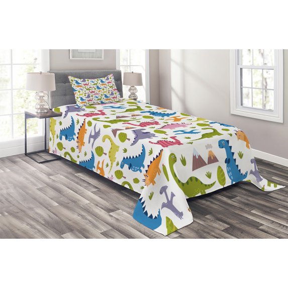 Ambesonne Dino Quilted Coverlet 2 Pcs, Dinosaurs Colorful, Twin Size, Multicolor