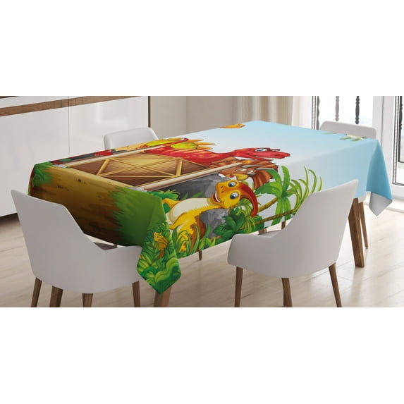 Ambesonne Dino Tablecloth Rectangular Table Cover, Cartoon Dinosaurs in Park, 52"x70", Multicolor