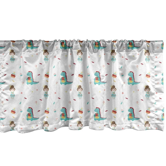 Ambesonne Dino Window Valance, Happy Birthday Themed Cartoon Princess with Crown and T-Rex Pattern, Curtain Valance for Kitchen Bedroom Decor with Rod Pocket, 54" X 18", Multicolor