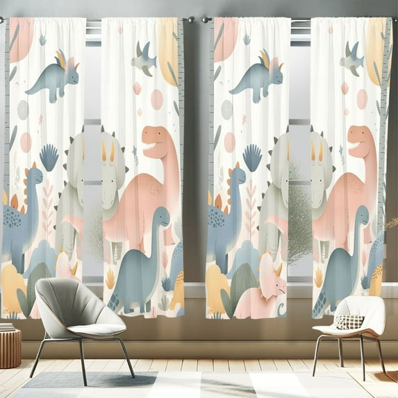 Ambesonne Dinosaur 4-Panel Curtains, Art Jurassic Animals Funny, 56"x63", Blush Blue Grey White