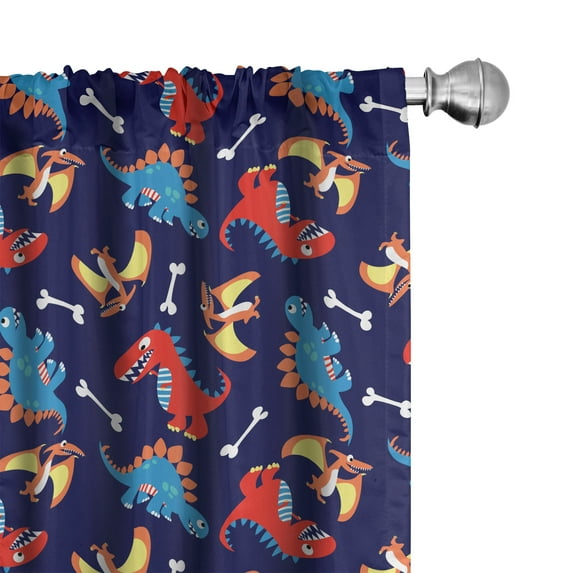 Ambesonne Dinosaur Window Curtains, Dino Funny Expressions, Each 28" W x 63" L, Navy Blue Orange Red