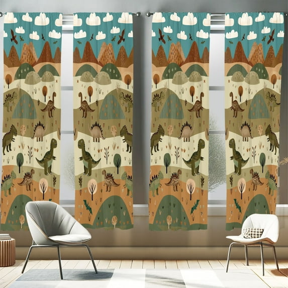 Ambesonne Dinosaur 4-Panel Curtains, Dino Land Mountain Cartoon, 56"x84", Khaki Salmon Redwood