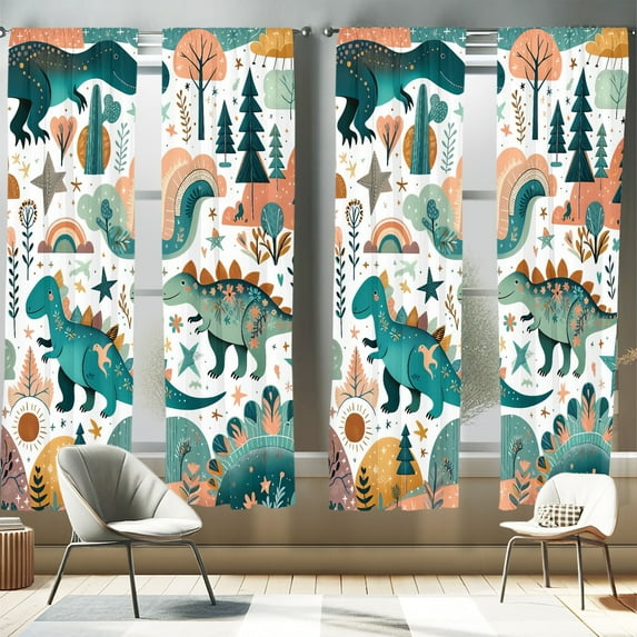 Ambesonne Dinosaur 4-Panel Curtains, Jurassic Animal Scene Leaf, 56"x63", Petrol Blue Teal Salmon