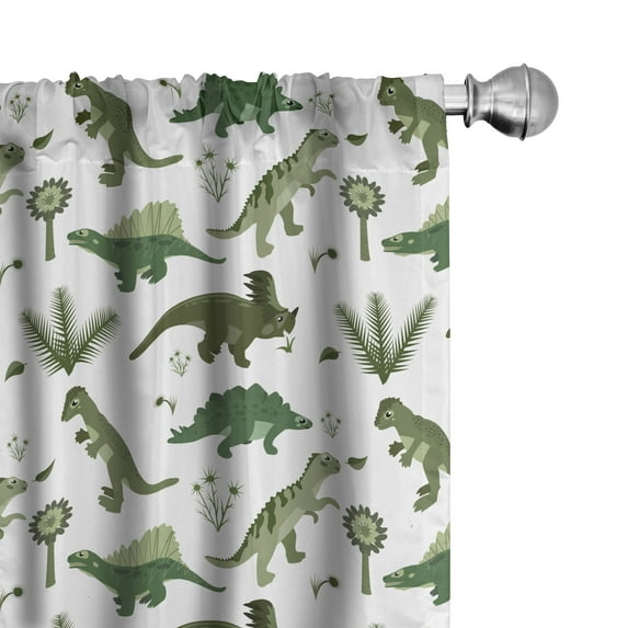 Ambesonne Dinosaur Window Curtains, Jurassic Life Animals Art, Each 28" W x 63" L, Hunter Green White