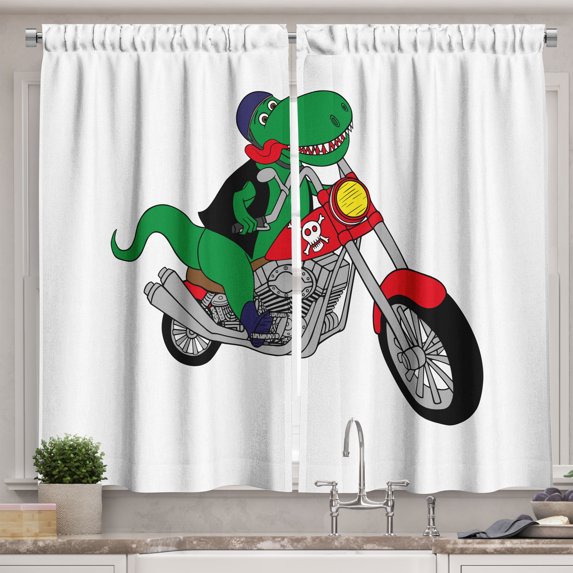 Ambesonne Dinosaur Bicycle Kitchen Curtains, Funny Rider T-rex, 55"x39", Green Multicolor
