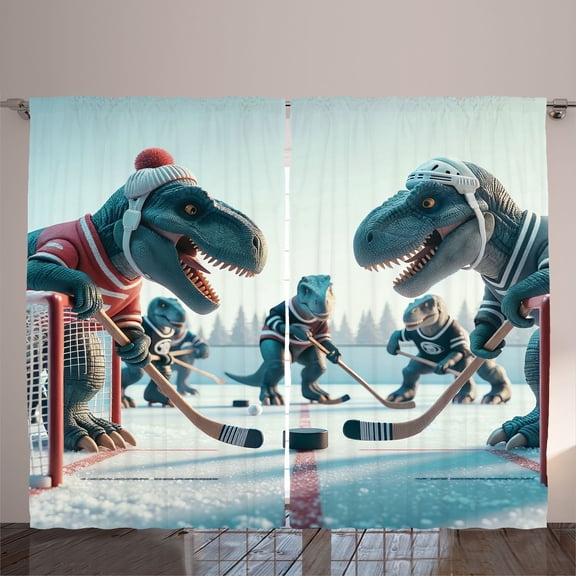 Ambesonne Dinosaur Curtains 2 Panel Set, T-Rex Playing Ice Hockey, 108" x 63", Petrol Blue Pale Ruby