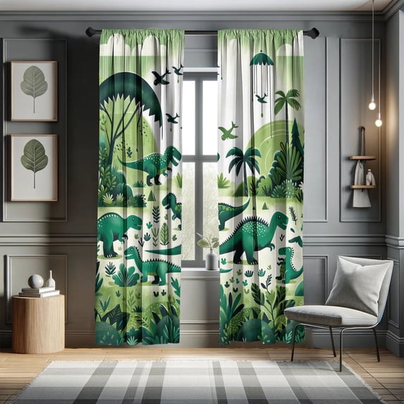 Ambesonne Dinosaur Curtains, Animals Jurassic Scenario, Pair of 28"x95", Jade Green Teal White