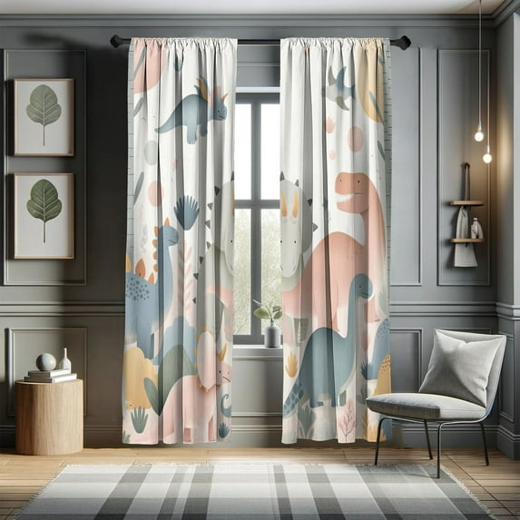 Ambesonne Dinosaur Curtains, Art Jurassic Animals Funny, Pair of 28"x63", Blush Blue Grey White
