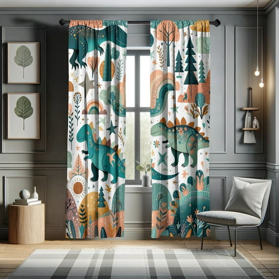 Ambesonne Dinosaur Curtains, Jurassic Animal Scene Leaf, Pair of 28"x84", Petrol Blue Teal Salmon