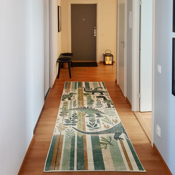 Ambesonne Dinosaur Decorative Rug Carpet, Leaves Jurassic Animals, 2' 5" x 7' 5", Laurel Green Teal Beige