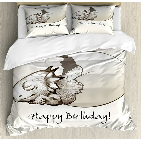 Ambesonne Dinosaur Duvet Cover Sets, Birthday Dino, 2-Queen, Eggshell Tan