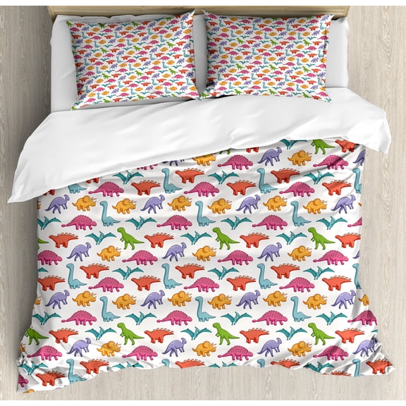 Ambesonne Dinosaur Duvet Cover Sets, Colorful Pattern, 2-King, Multicolor