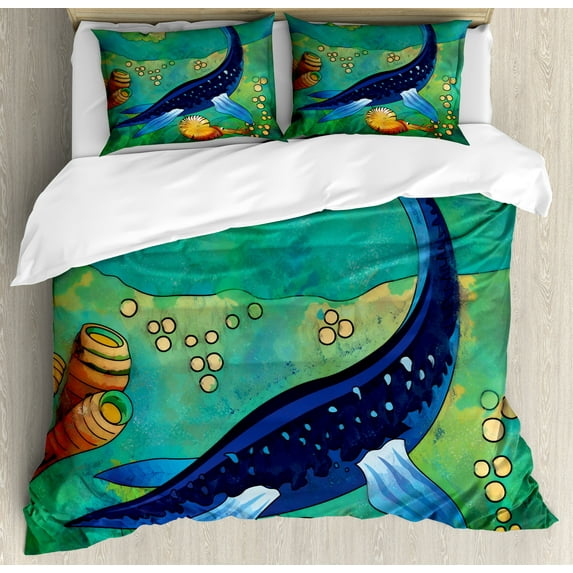 Ambesonne Dinosaur Duvet Cover Sets, Sea Creature, 2-King, Jade Green Navy Blue