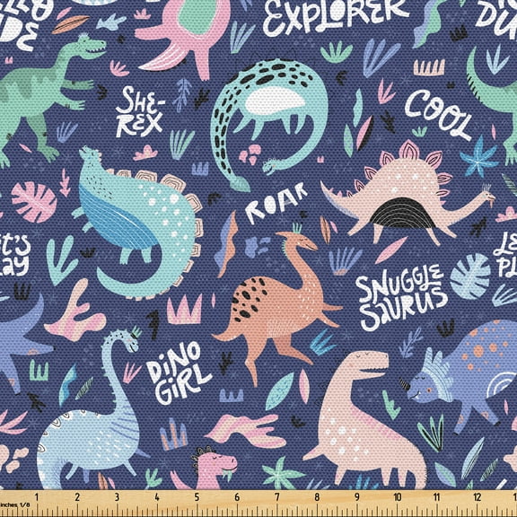 Ambesonne Dinosaur Fabric by the Yard Upholstery, Cartoon Extinct Animals, 1 Yard, Dark Indigo and Multicolor