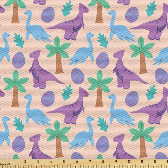 Ambesonne Dinosaur Fabric by the Yard Upholstery, Palm Trees Jurassic Art, 10 Yards, Pale Purple and Azure Blue