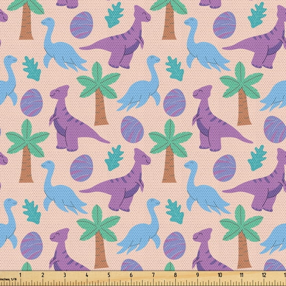 Ambesonne Dinosaur Fabric by the Yard Upholstery, Palm Trees Jurassic Art, 3 Yards, Pale Purple and Azure Blue