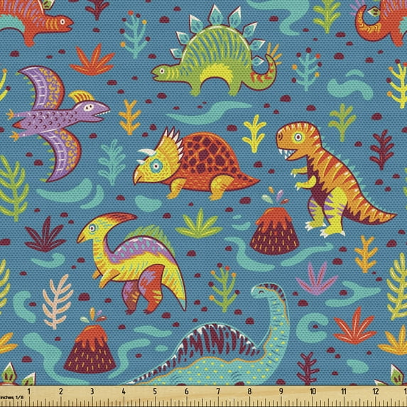 Ambesonne Dinosaur Fabric by the Yard Upholstery, Prehistoric Period, 10 Yards, Multicolor