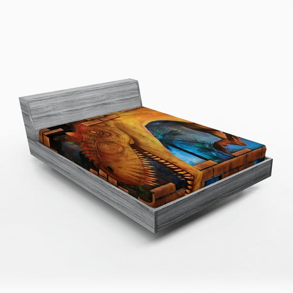 Ambesonne Dinosaur Fitted Sheet 2 Pcs Set, Dino Breaks Brick Wall, California King, Orange Blue