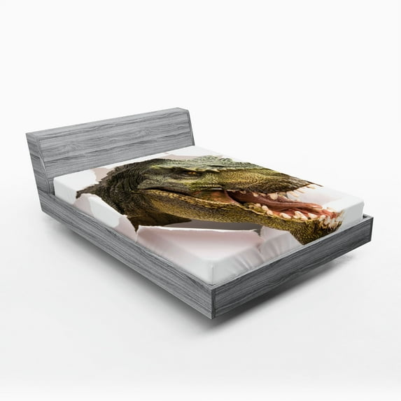 Ambesonne Dinosaur Fitted Sheet, Dino Tears up Paper, King Size, Green Army Green White