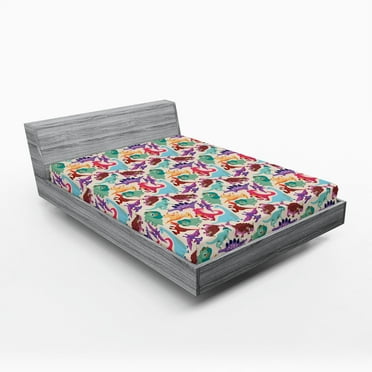 Ambesonne Dinosaur Fitted Sheet, Funny Monsters Cartoon, Full Size, Multicolor