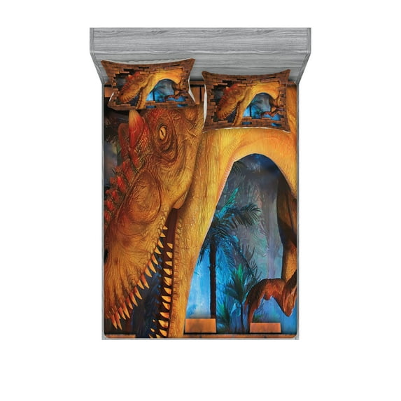 Ambesonne Dinosaur Fitted Sheet & Pillow Sham Set, Dino Breaks Brick Wall, Queen, Orange Blue