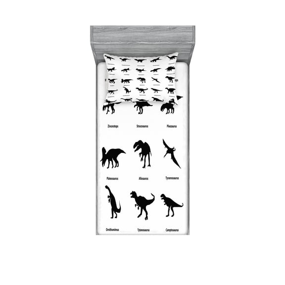 Ambesonne Dinosaur Fitted Sheet & Pillow Sham Set, Evolution of Wildlife, Twinxl, Black White