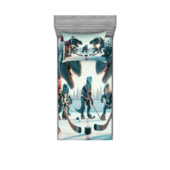 Ambesonne Dinosaur Fitted Sheet & Pillow Sham Set, T-Rex Playing Ice Hockey, Twin, Petrol Blue Pale Ruby