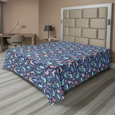 Ambesonne Dinosaur Flat Sheet, Cartoon Extinct Animals, California King, Dark Indigo and Multicolor