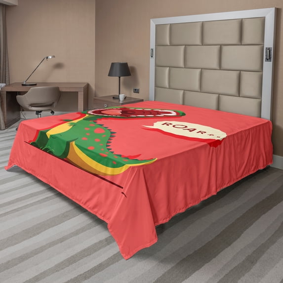 Ambesonne Dinosaur Flat Sheet, Cartoon Prehistoric, Full Size, Coral Green Yellow