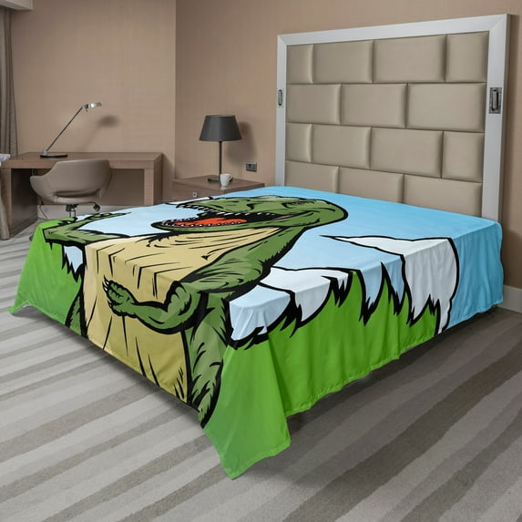 Ambesonne Dinosaur Flat Sheet, Cartoon T-Rex Funny, Full Size, Dark Green Pale Blue
