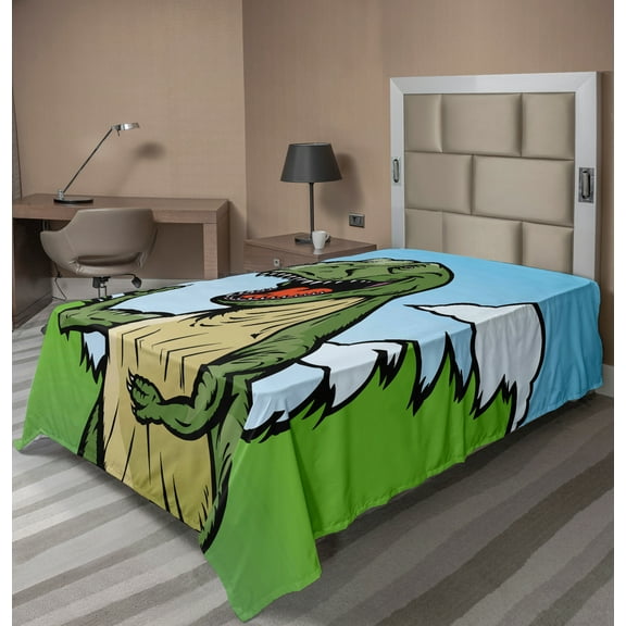 Ambesonne Dinosaur Flat Sheet, Cartoon T-Rex Funny, TwinXL Size, Dark Green Pale Blue
