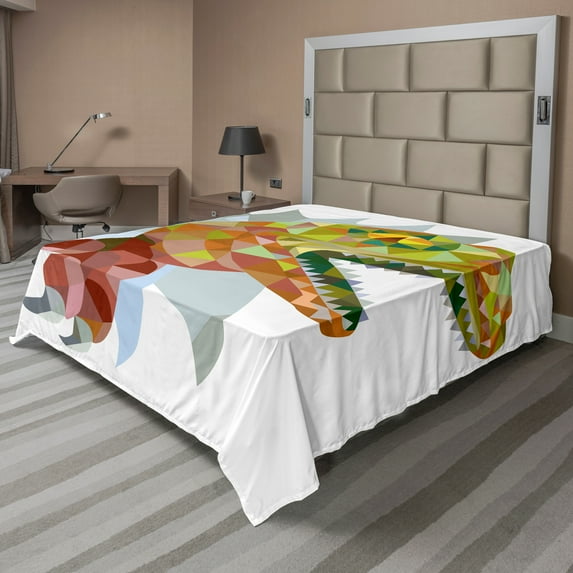Ambesonne Dinosaur Flat Sheet, Colorful Mosaic T-rex, King Size, Multicolor