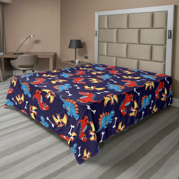 Ambesonne Dinosaur Flat Sheet, Dino Funny Expressions, King Size, Navy Blue Orange Red