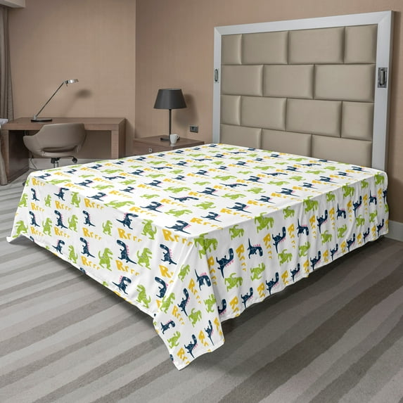 Ambesonne Dinosaur Flat Sheet, Happy Cartoon Dino, King Size, Multicolor