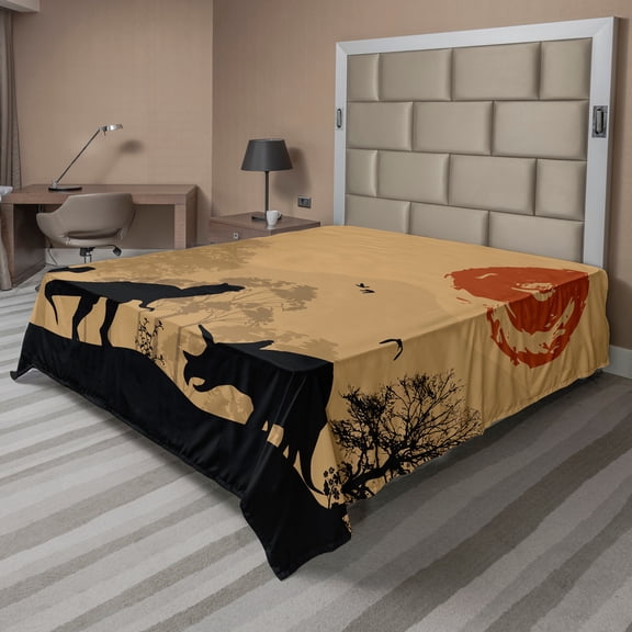 Ambesonne Dinosaur Flat Sheet, Prehistoric Wilderness, California King, Pale Brown Orange Black