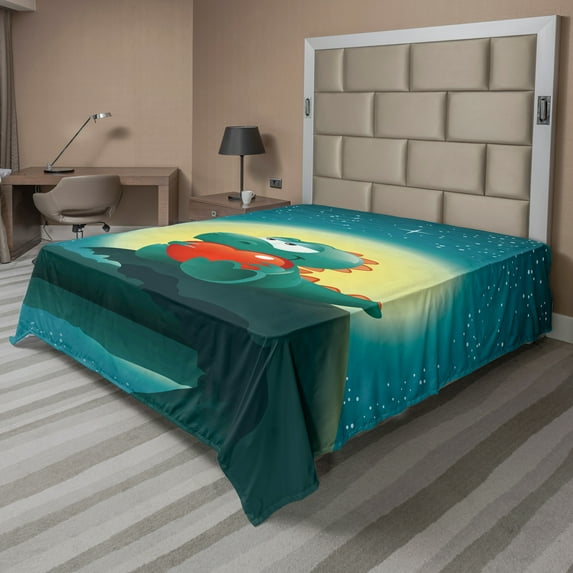 Ambesonne Dinosaur Flat Sheet, Romantic Dino, California King, Orange Teal