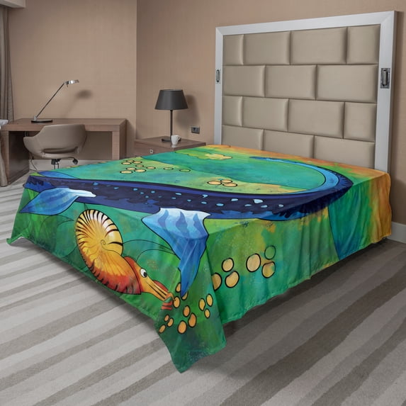 Ambesonne Dinosaur Flat Sheet, Sea Creature, Full Size, Jade Green Navy Blue