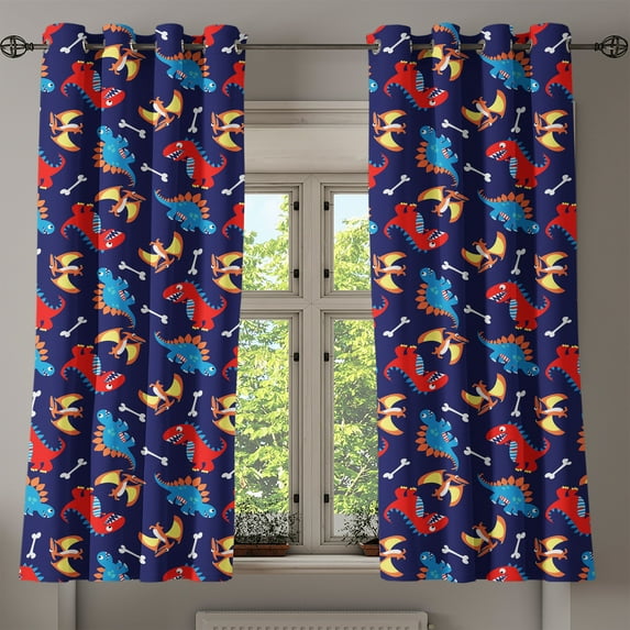 Ambesonne Dinosaur Grommet Curtain, Dino Funny Expressions, 50" x 54", Navy Blue Orange Red