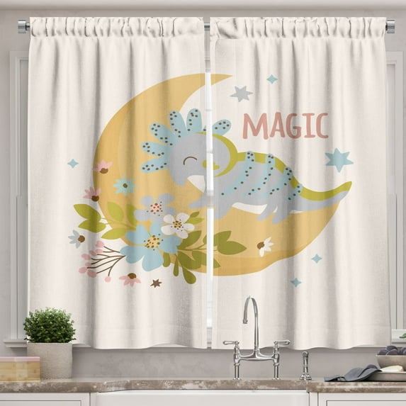 Ambesonne Dinosaur Kitchen Curtains, Animal on Moon Flowers Art, 55"x45", Pastel Brown Yellow Green