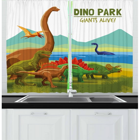 Ambesonne Dinosaur Kitchen Curtains, Dino Park Alive Theme, 55"x39", Multicolor