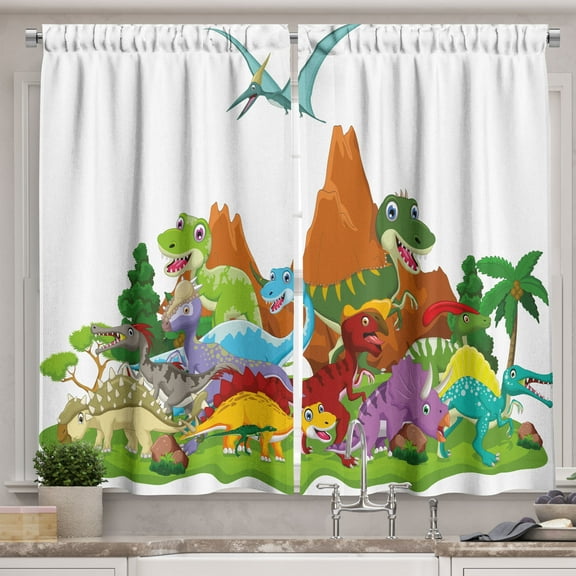Ambesonne Dinosaur Kitchen Curtains, Funny Creatures Trees, 55"x39", Multicolor