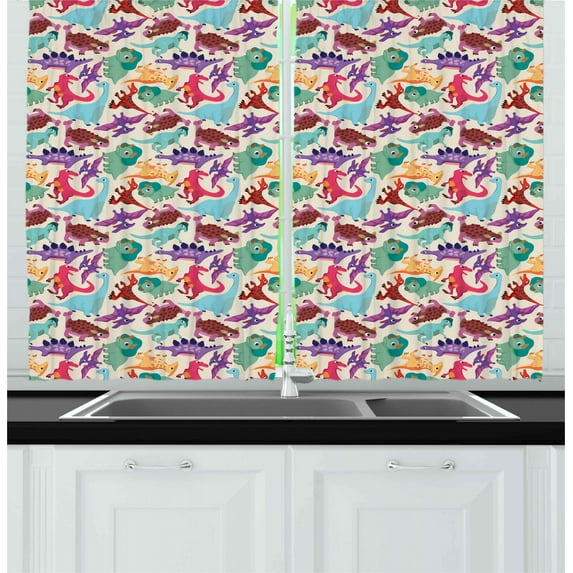 Ambesonne Dinosaur Kitchen Curtains, Funny Monsters Cartoon, 55"x39", Multicolor