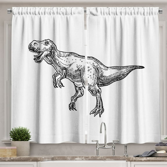 Ambesonne Dinosaur Kitchen Curtains, Jurassic Animal Drawing, 55"x45", Charcoal Grey and White