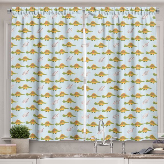 Ambesonne Dinosaur Kitchen Curtains, Jurassic Animals Leaves, 55"x45", Slate Brown Pale Orange