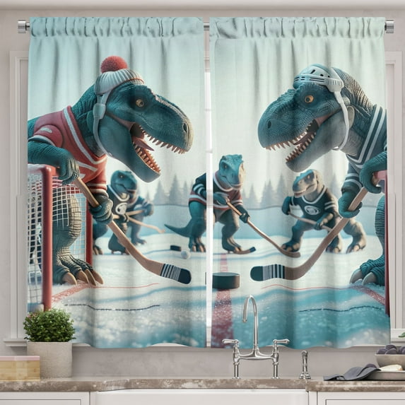 Ambesonne Dinosaur Kitchen Curtains, T-Rex Playing Ice Hockey, 55"x36", Petrol Blue Pale Ruby