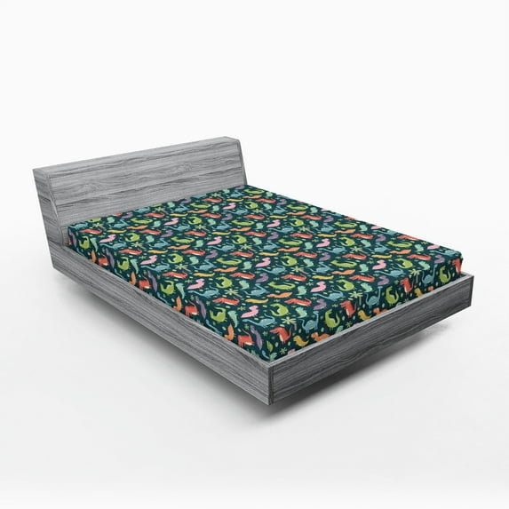 Ambesonne Dinosaur Party Fitted Sheet 2 Pcs Set, Colorful Jungle, Queen, Multicolor